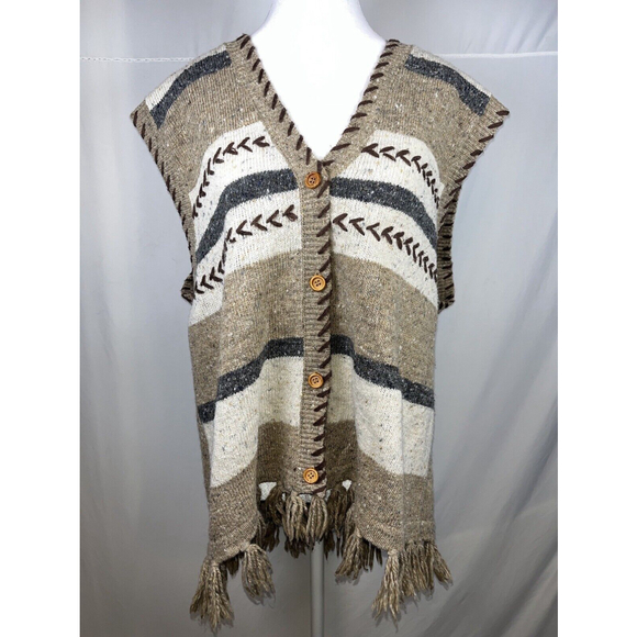 Westbound Sweaters - Vintage Westbound Sweater Vest Womens 1X Wool Blend Brown Tan Tasseled Button Up